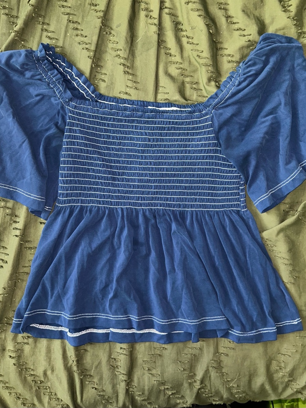Women's Blue Smocked Off-Shoulder Peplum Top